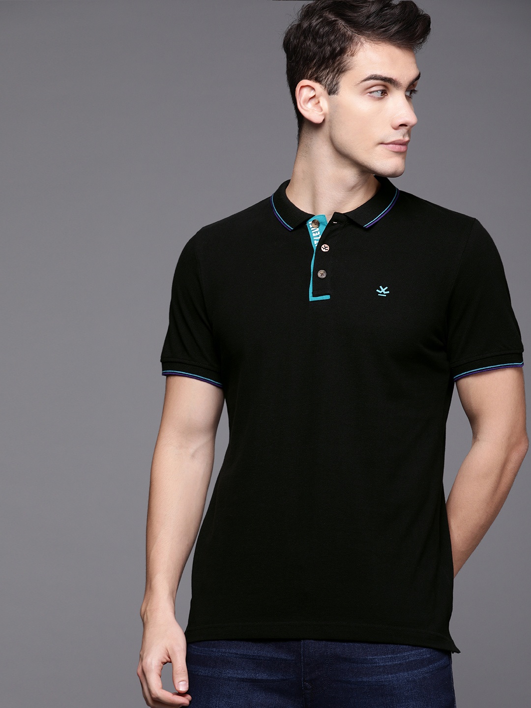 WROGN Men Black Slim Fit Solid Polo Collar Pure Cotton T-shirt