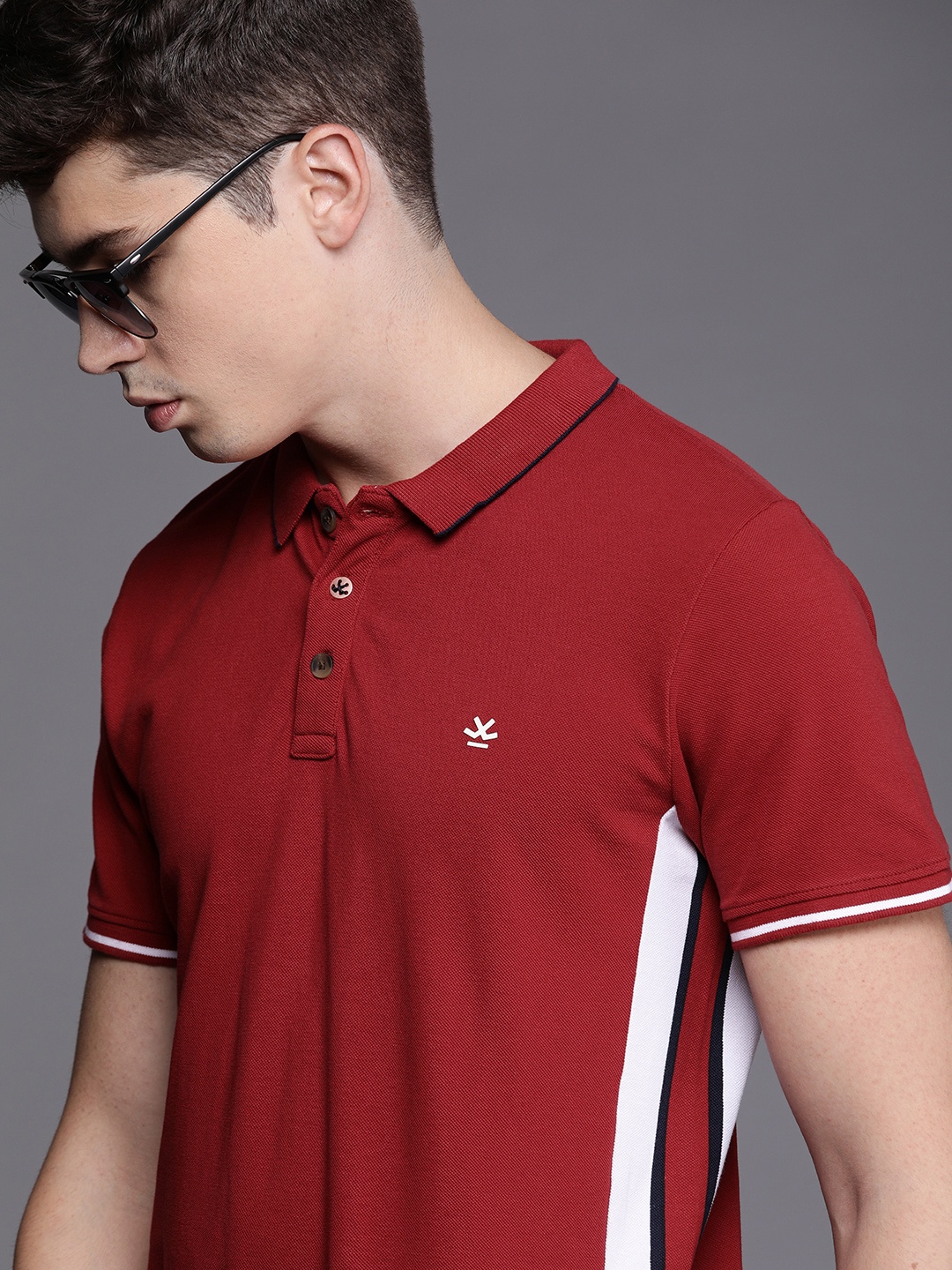 

WROGN Men Red Solid Slim Fit Polo Collar Pure Cotton T-shirt