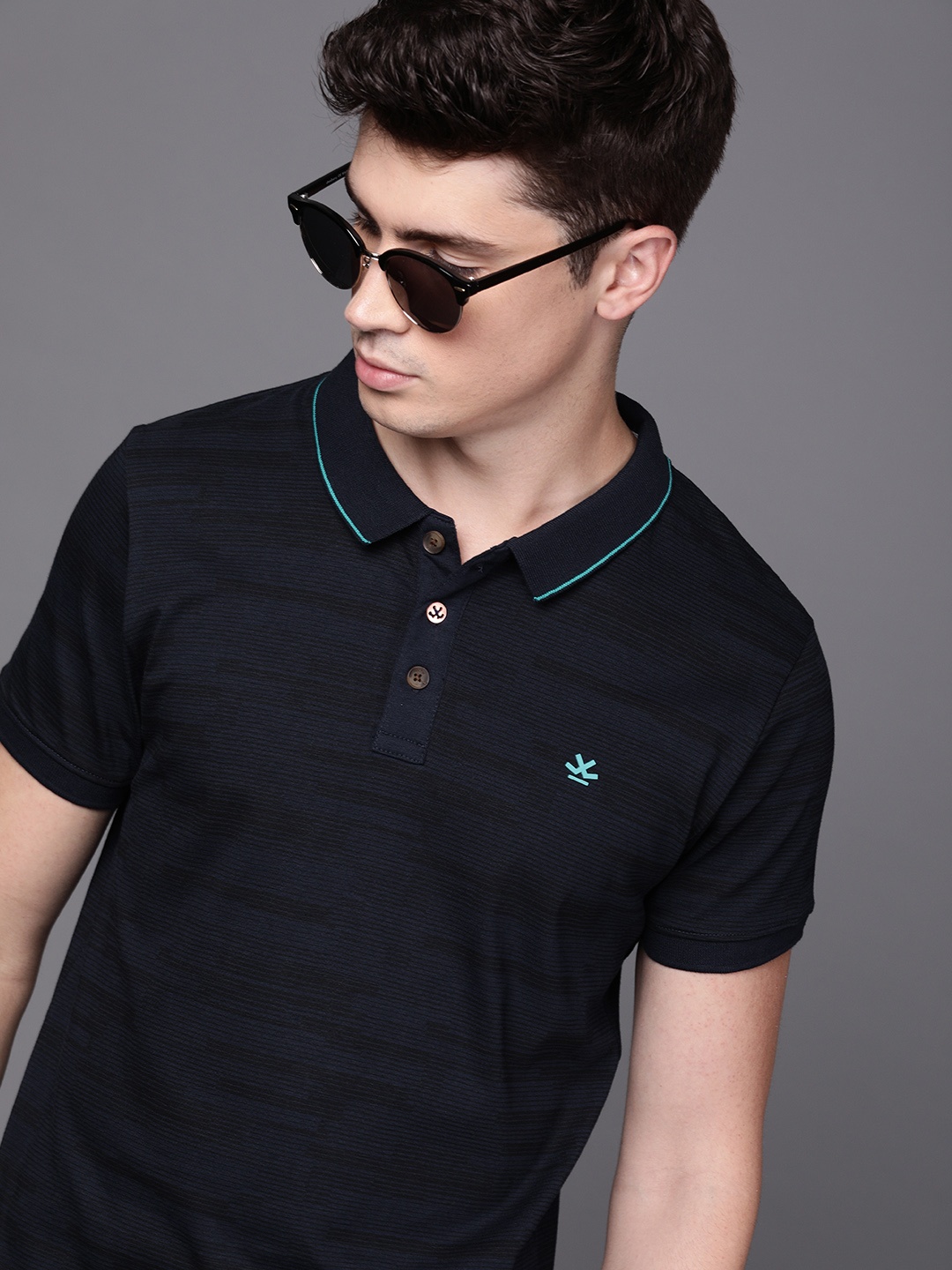 

WROGN Men Navy Blue Black Striped Slim Fit Polo Collar Pure Cotton T-shirt