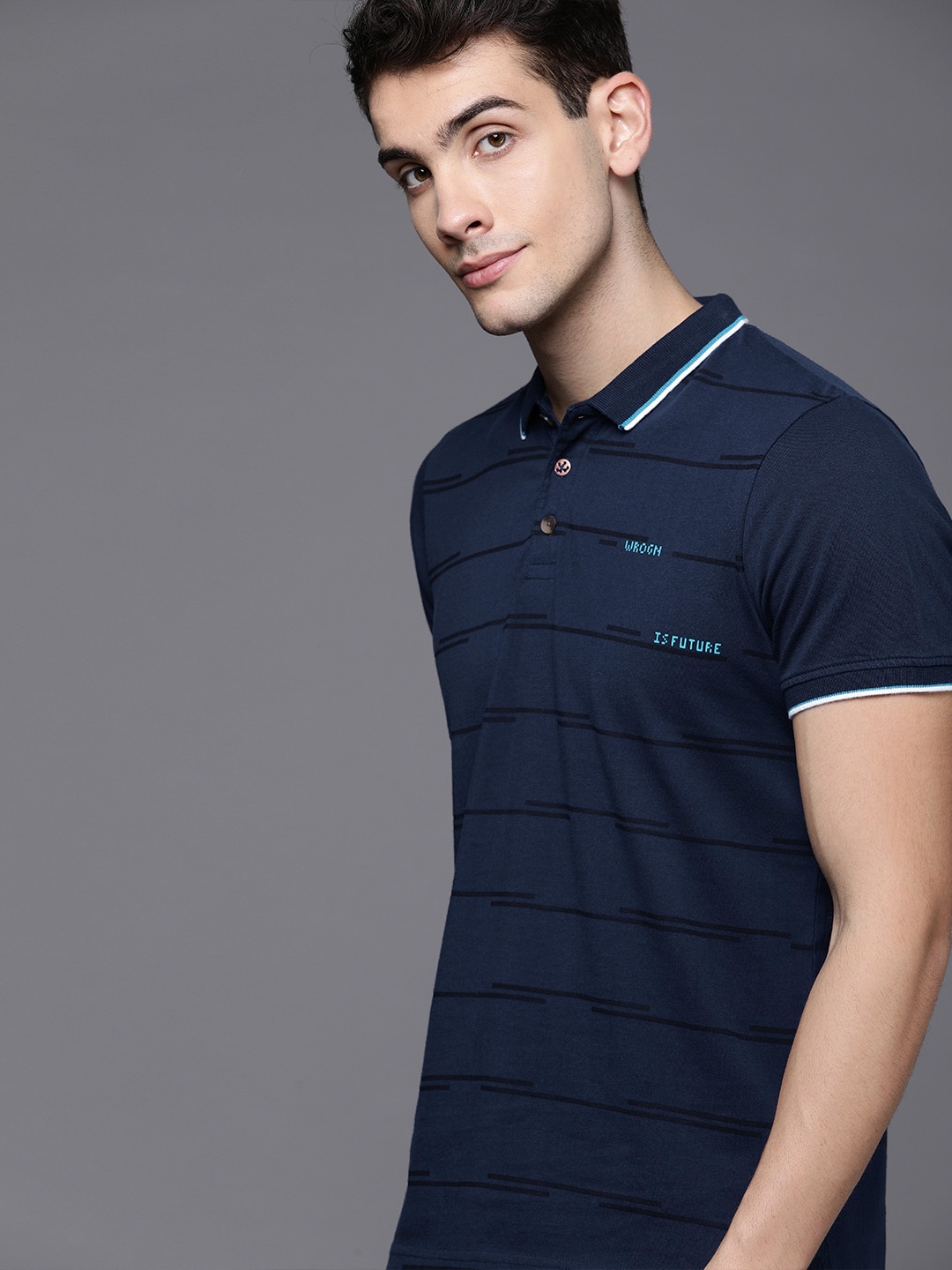 

WROGN Men Navy Blue Black Striped Slim Fit Polo Collar Pure Cotton T-shirt