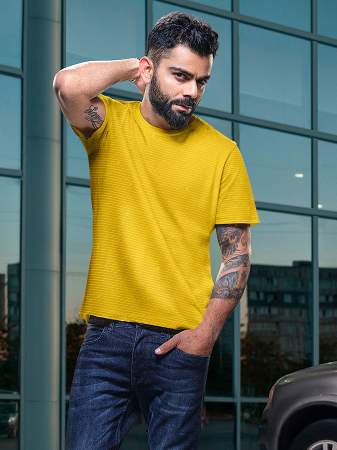 WROGN Men Mustard Yellow Striped Cotton Pure Cotton T-shirt