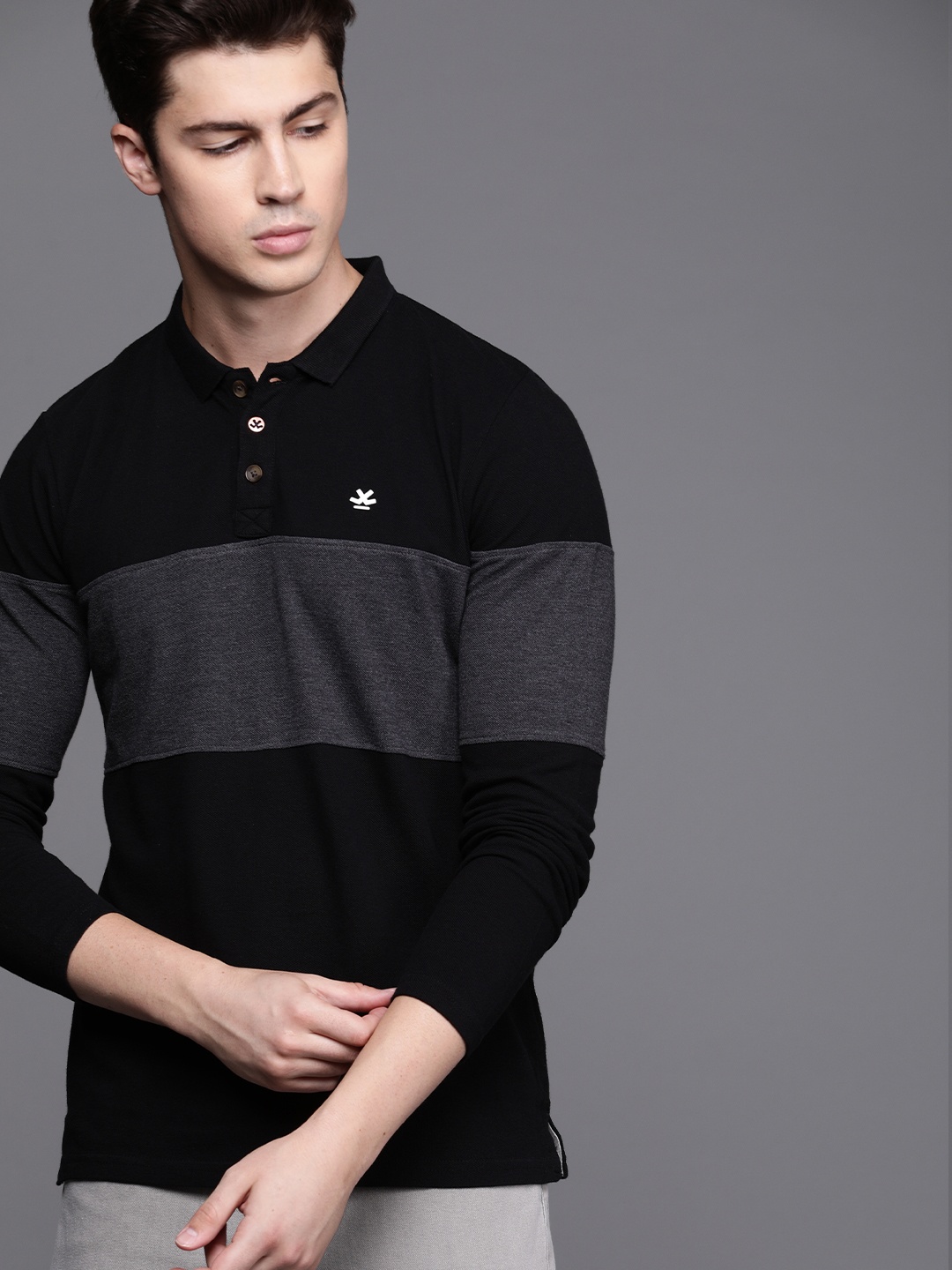 

WROGN Men Black Grey Colourblocked Polo Collar Pure Cotton T-shirt