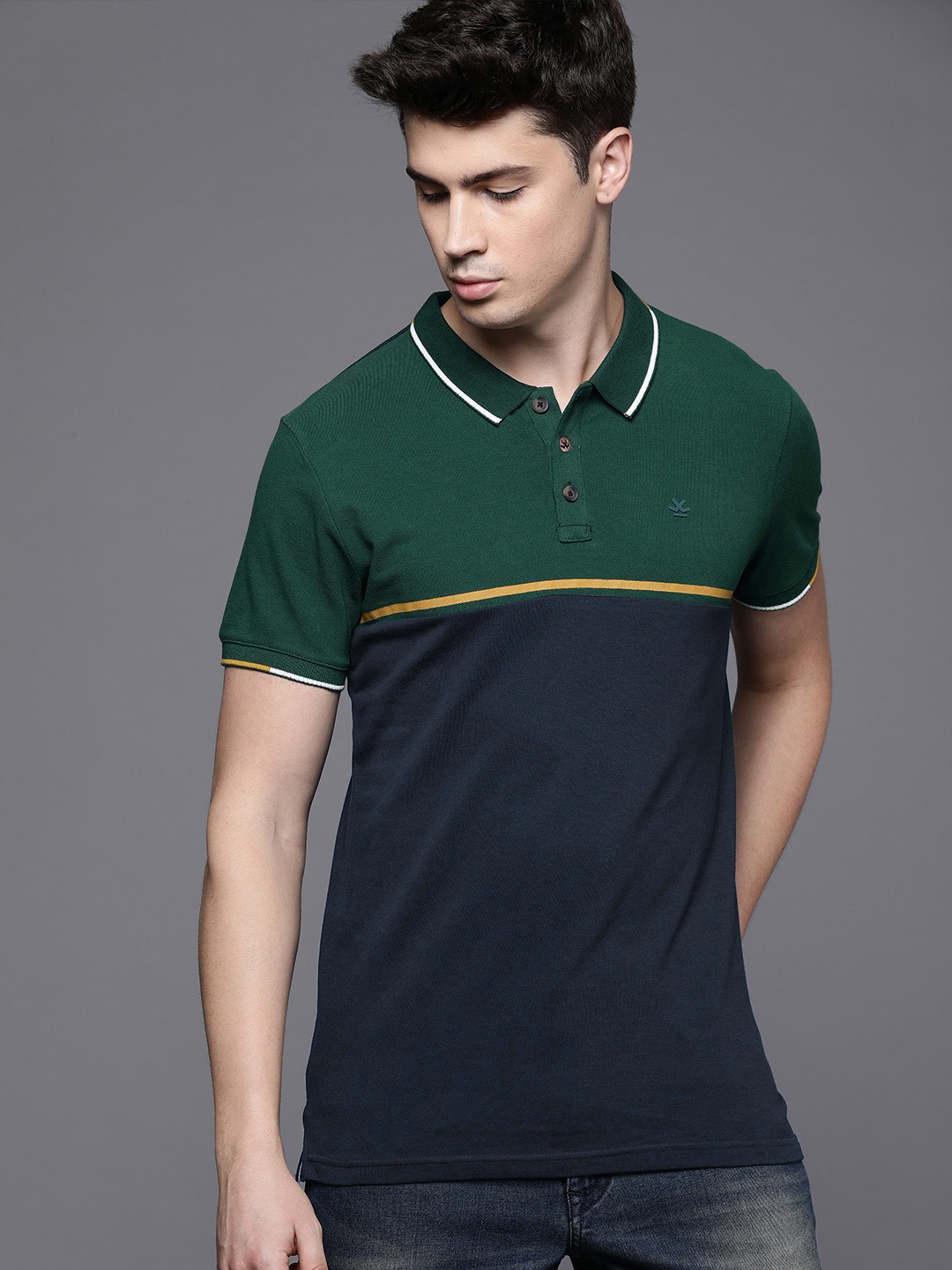 

WROGN Men Navy Blue Green Colourblocked Slim Fit Polo Collar Pure Cotton T-shirt