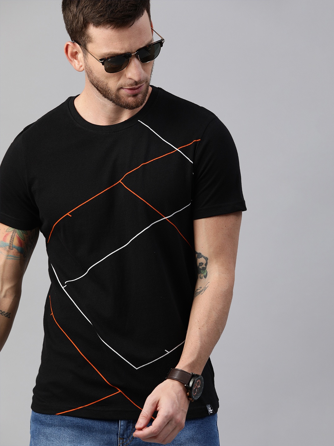 

WROGN Men Black Printed Round Neck T-shirt