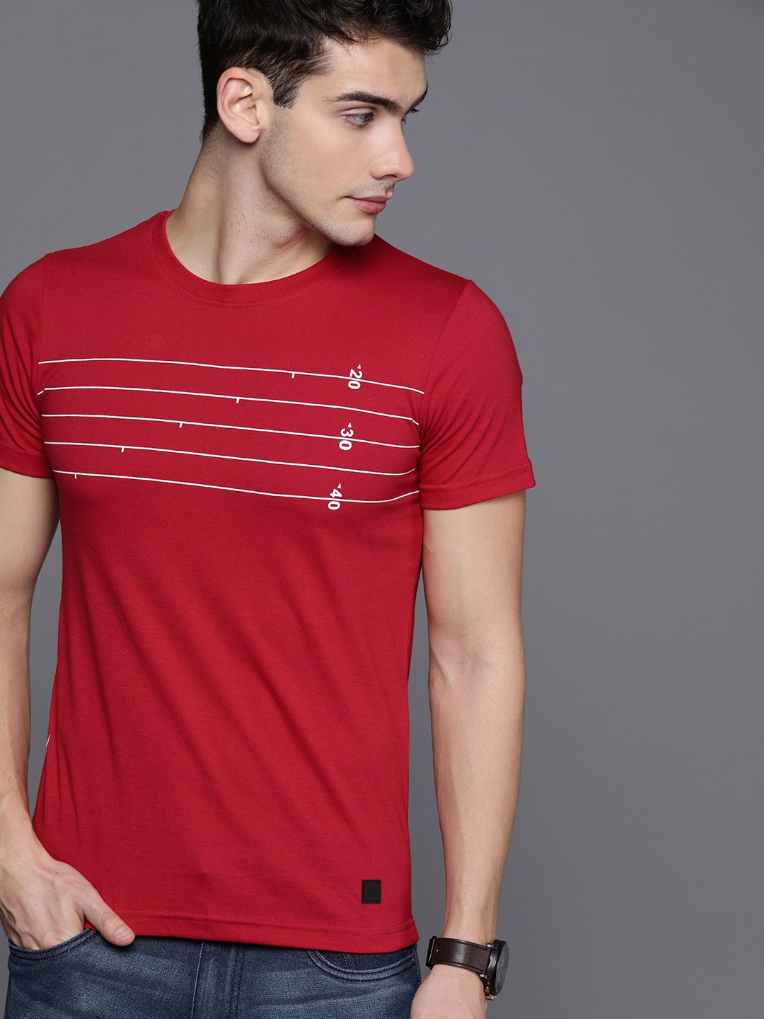 

WROGN Men Red & White Striped Round Neck T-shirt