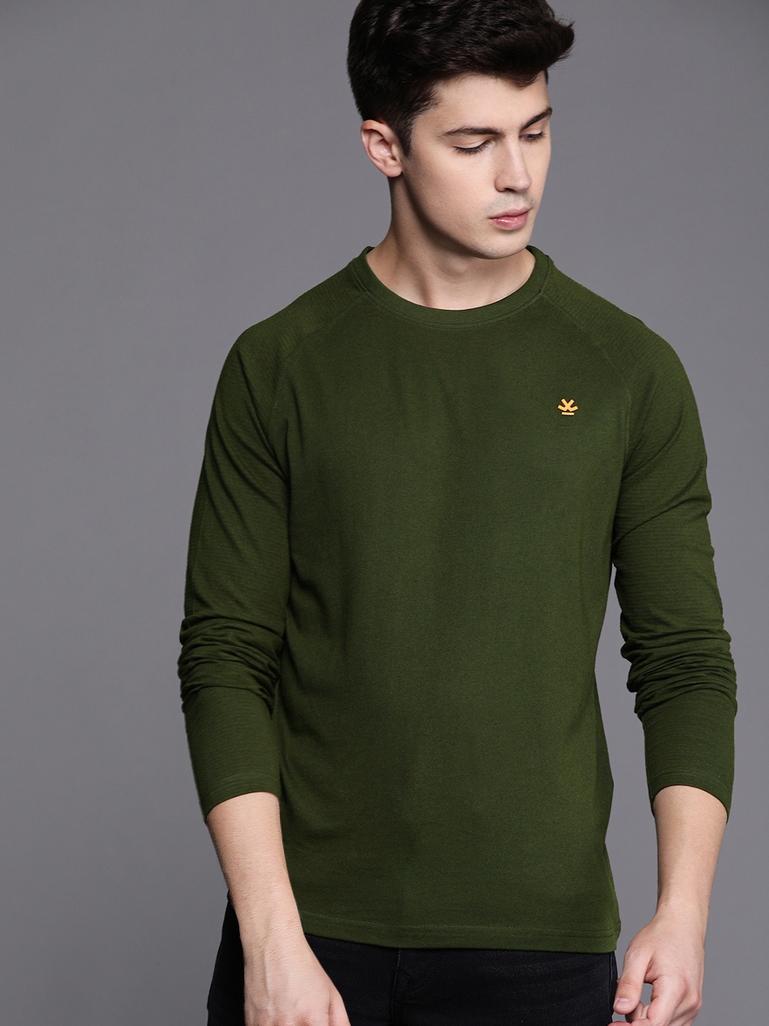 

WROGN Men Olive Green Solid Slim Fit Round Neck Pure Cotton T-shirt