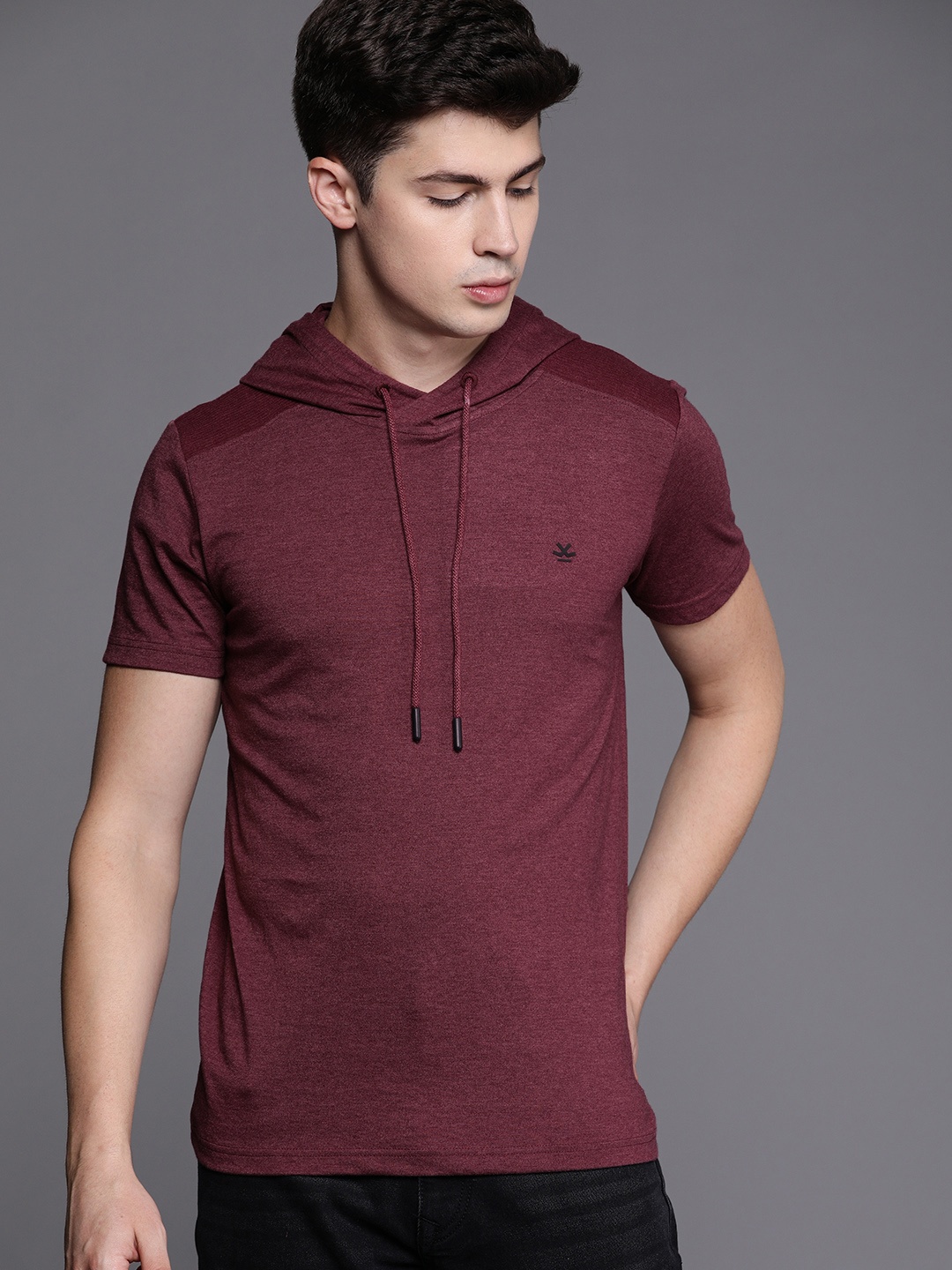 

WROGN Men Burgundy Solid Hooded T-shirt