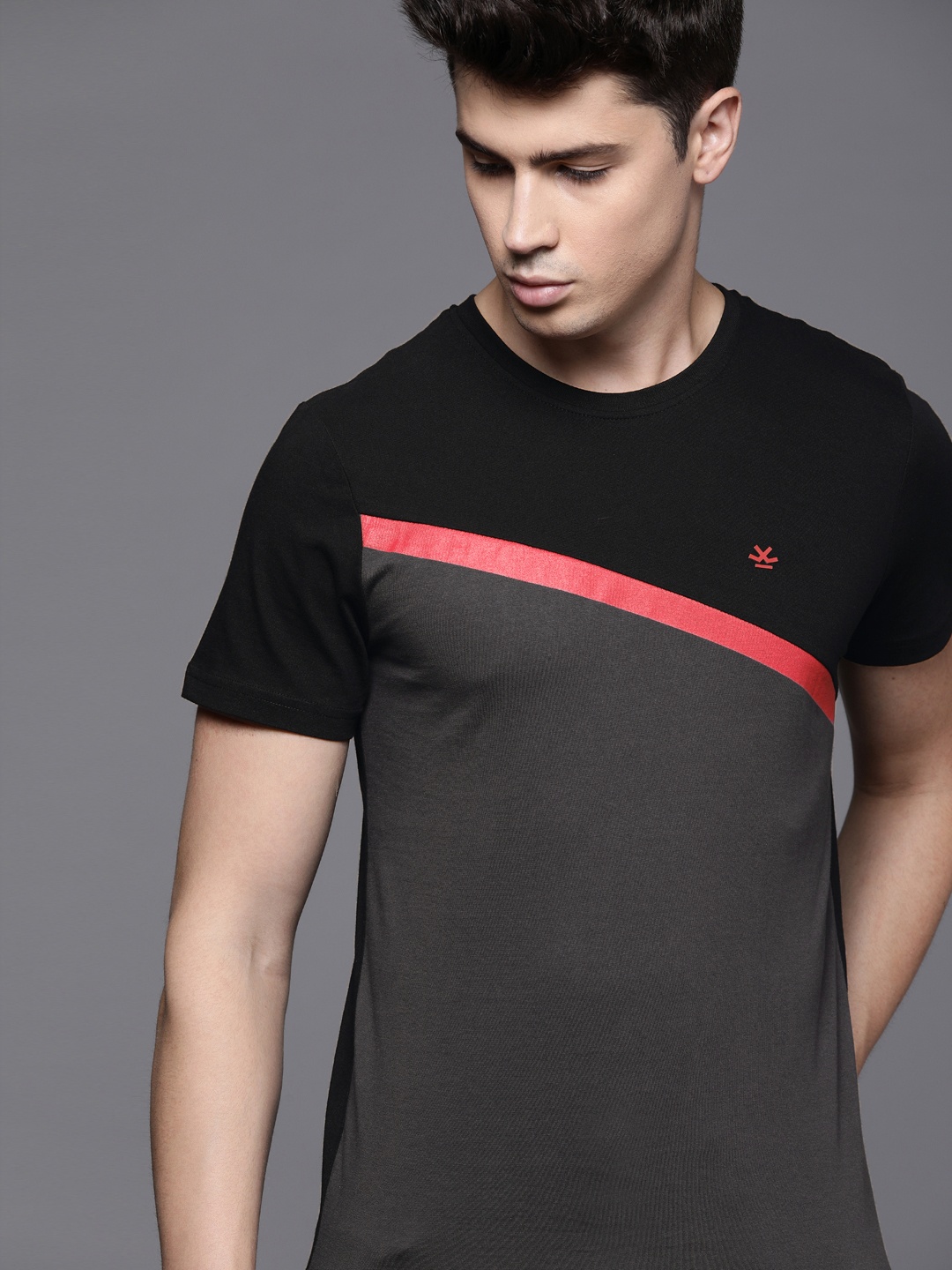 

WROGN Men Charcoal Grey Black Colourblocked Slim Fit Round Neck Pure Cotton T-shirt
