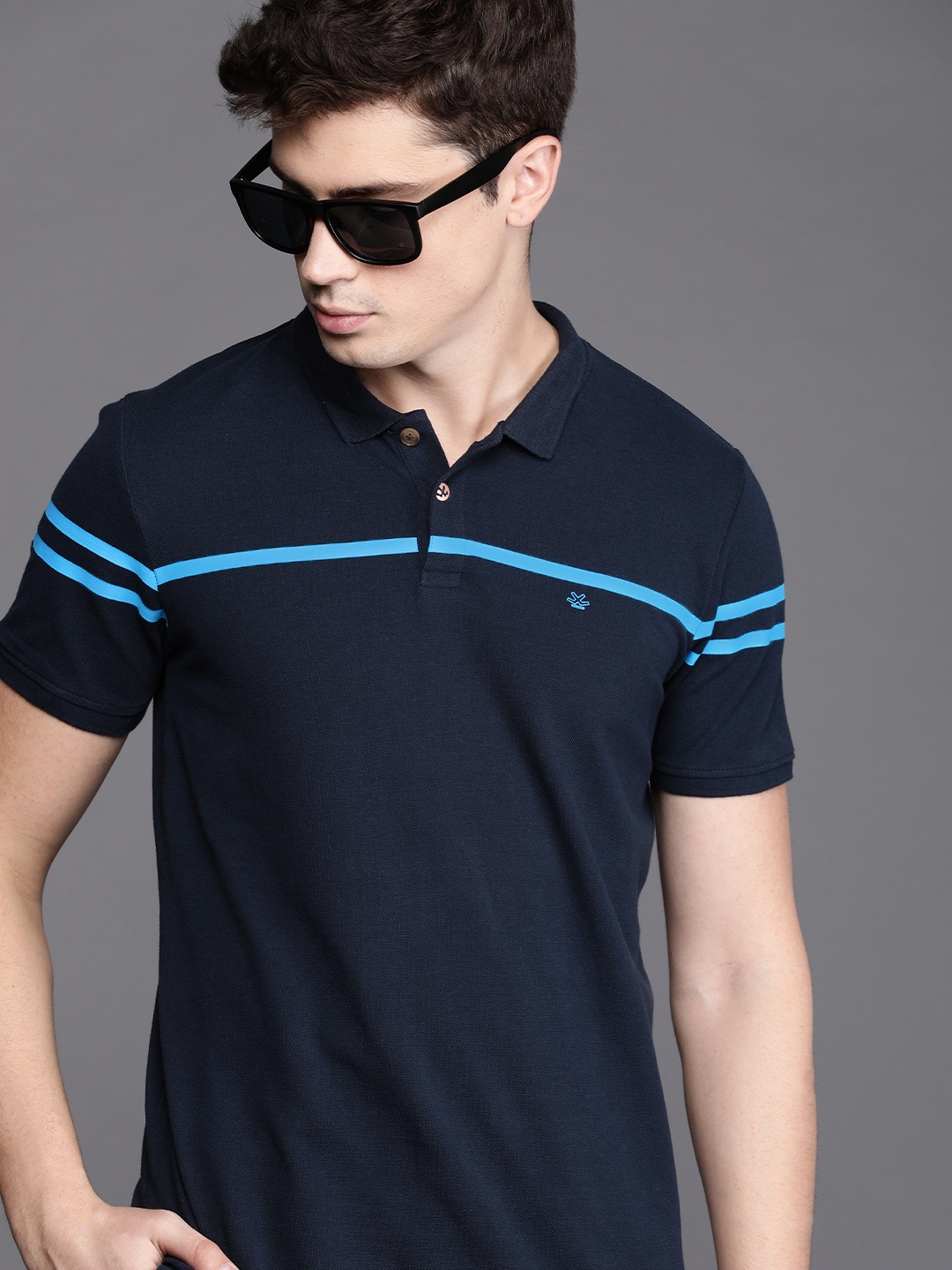 

WROGN Men Navy Blue Striped Slim Fit Polo Collar Pure Cotton T-shirt