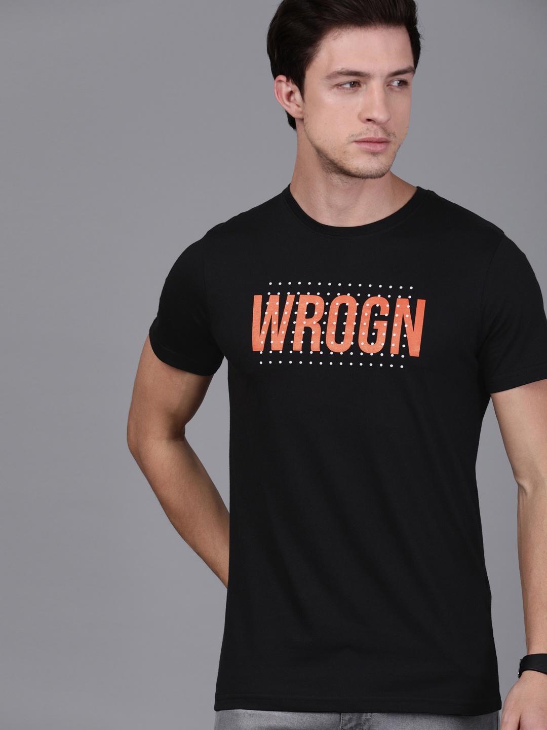 

WROGN Men Black Printed Round Neck T-shirt