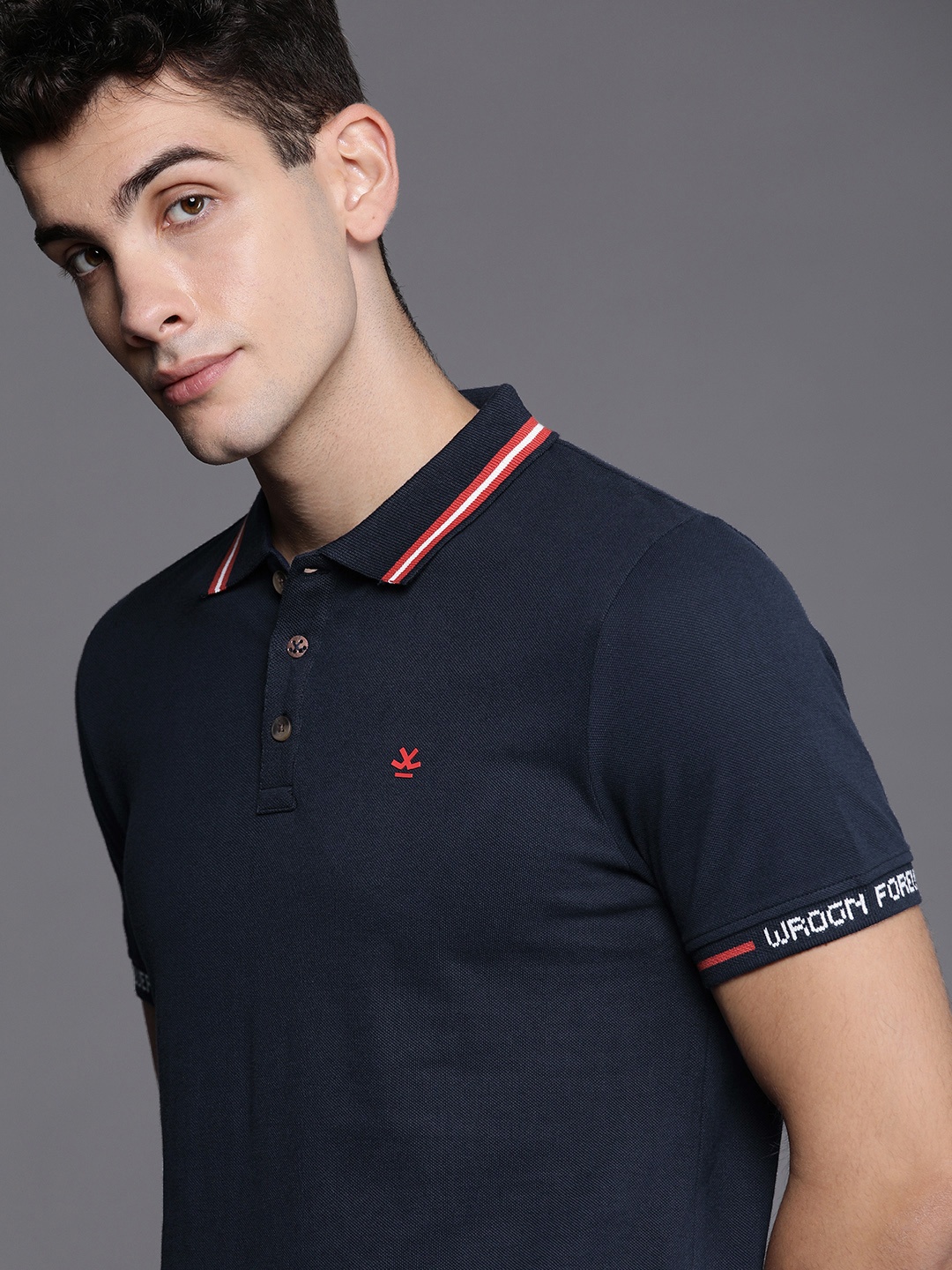 

WROGN Men Navy Blue Slim Fit Solid Polo Collar Pure Cotton T-shirt