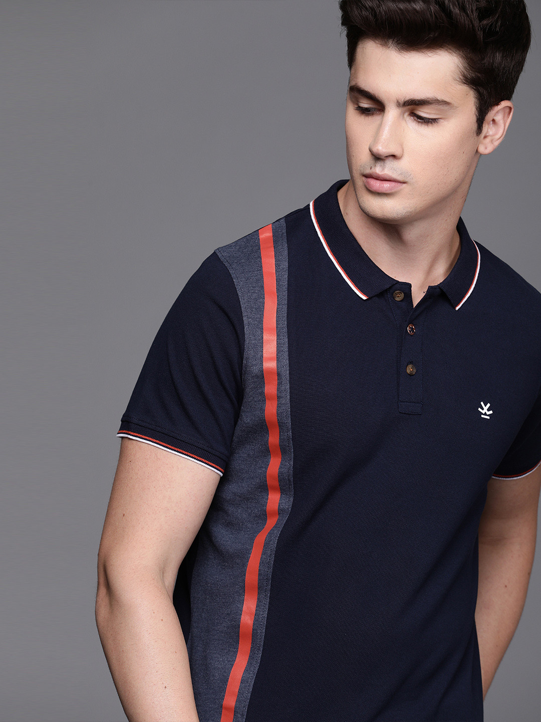

WROGN Men Navy Blue Solid Polo Collar Pure Cotton T-shirt With Striped Detail