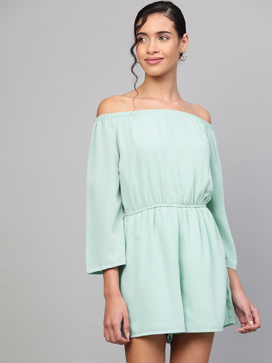 

SASSAFRAS Women Sea Green Solid Off-Shoulder Playsuit