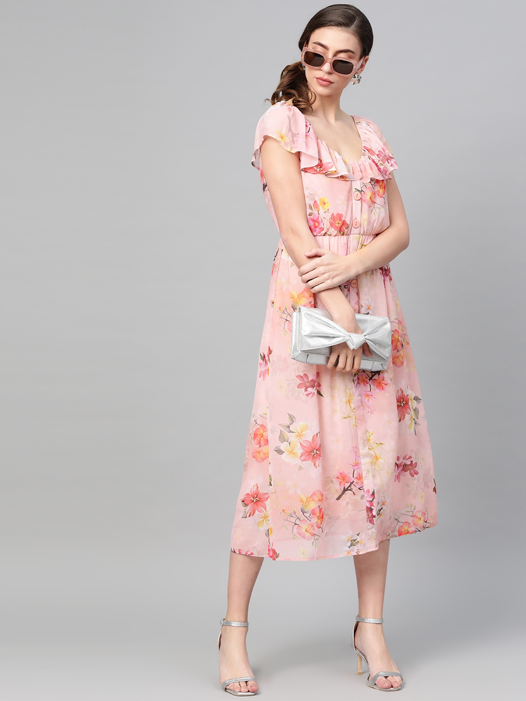 

SASSAFRAS Women Peach-Coloured & Yellow Floral Printed Fit and Flare Dress