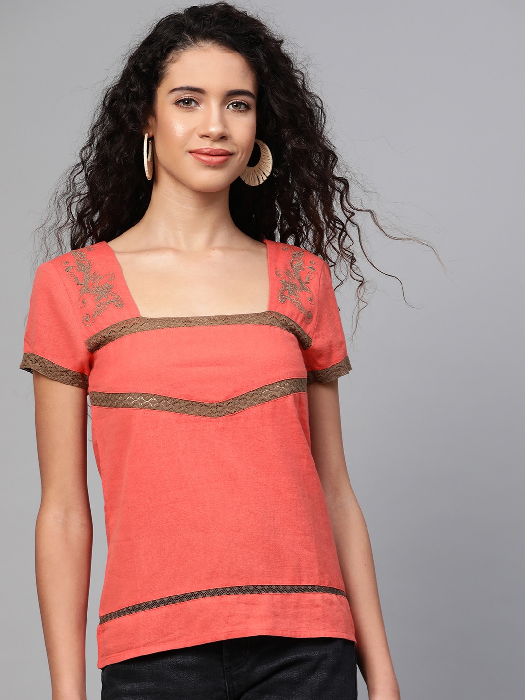 

SASSAFRAS Women Coral Red Solid Pure Cotton Top