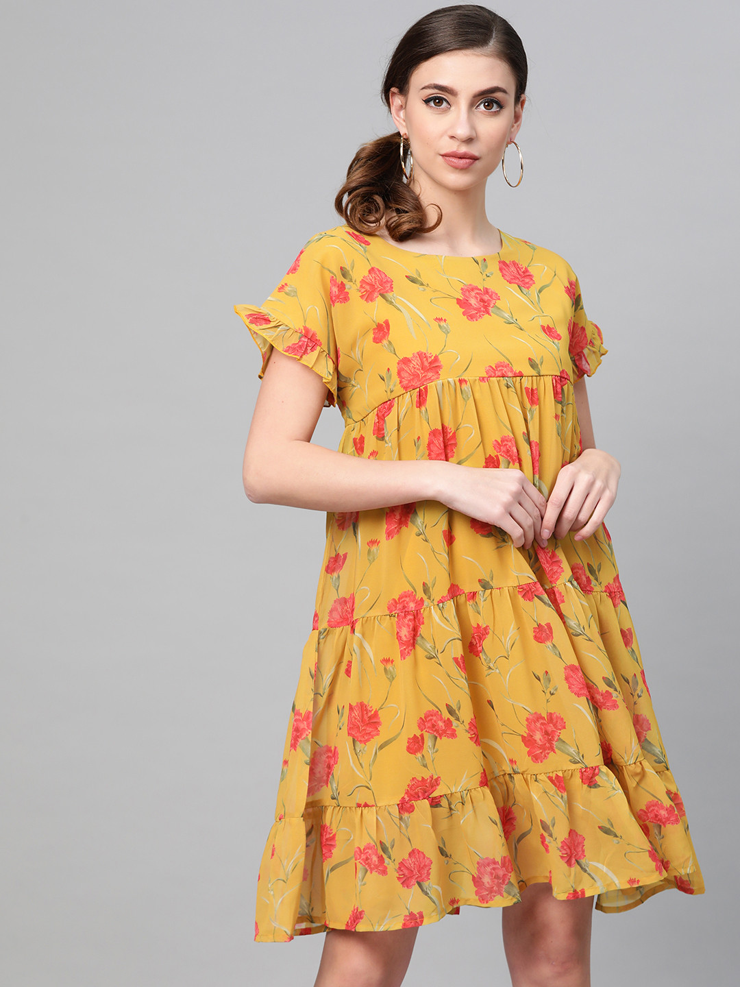 

SASSAFRAS Women Mustard Yellow & Coral Red Floral Printed Tiered A-Line Dress