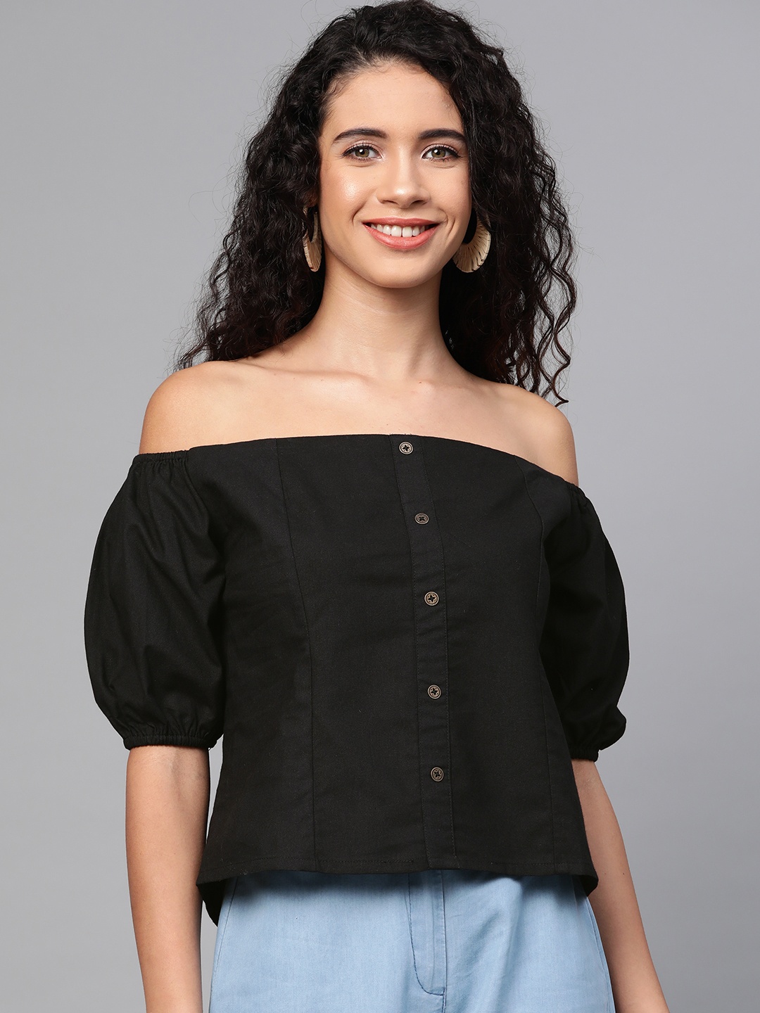 

SASSAFRAS Women Black Solid Bardot Top