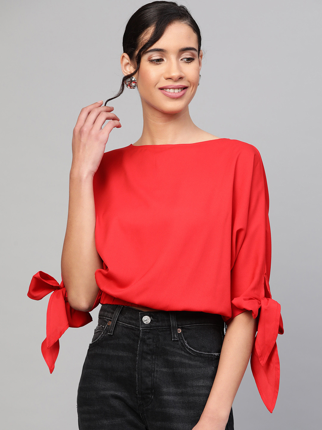 

SASSAFRAS Women Red Solid Crop Blouson Top