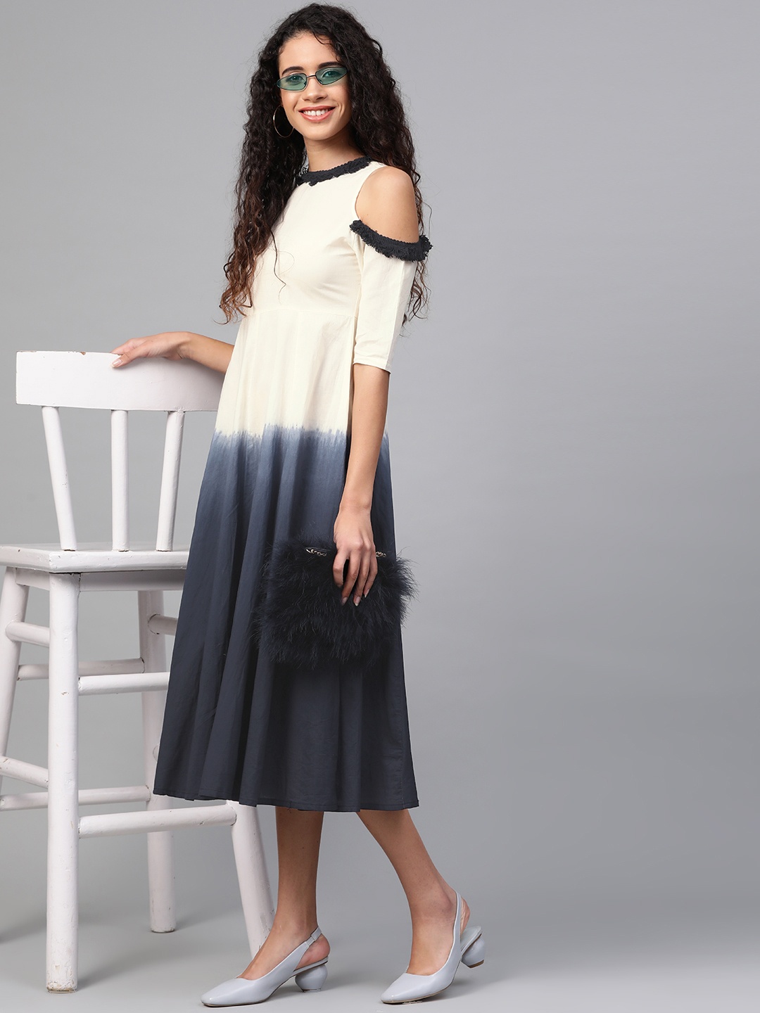 

SASSAFRAS Women Cream-Coloured & Navy Blue Cold-Shoulder Dyed A-Line Dress