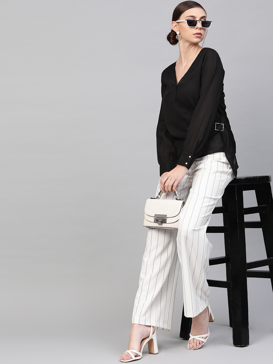 

SASSAFRAS Women Black Solid Semi-Sheer Wrap Top