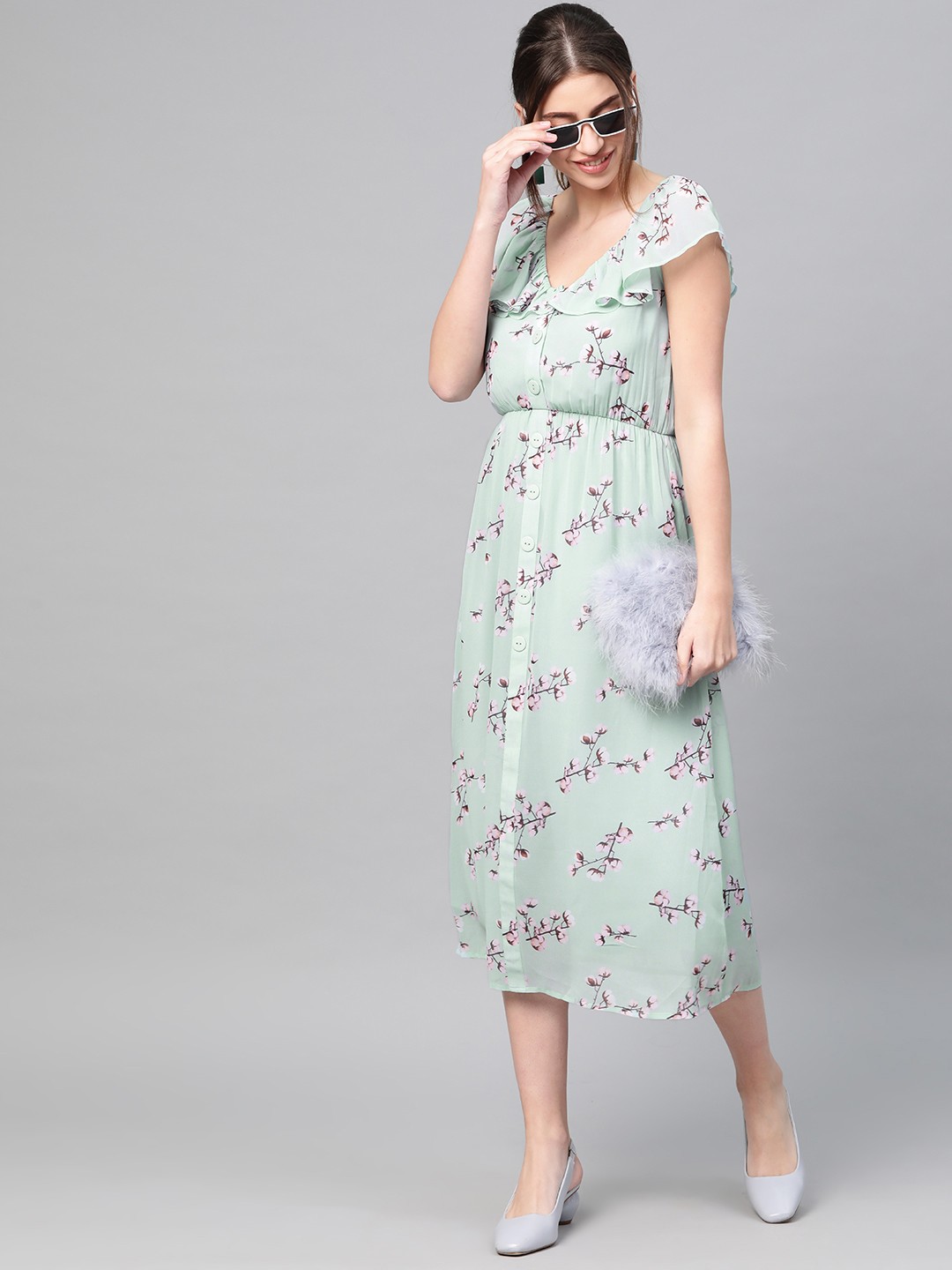 

SASSAFRAS Women Blue & Pink Printed Empire Dress