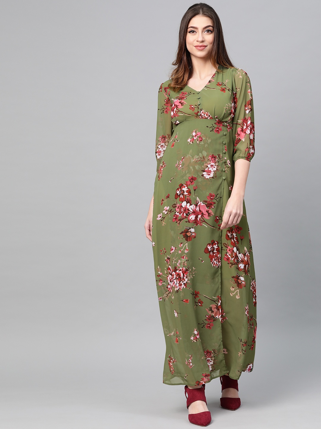 

SASSAFRAS Women Olive Green & Red Printed Maxi Dress