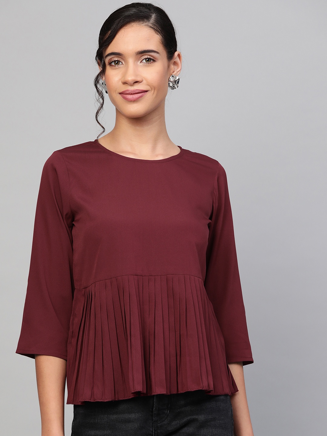 

SASSAFRAS Women Burgundy Solid A-Line Top