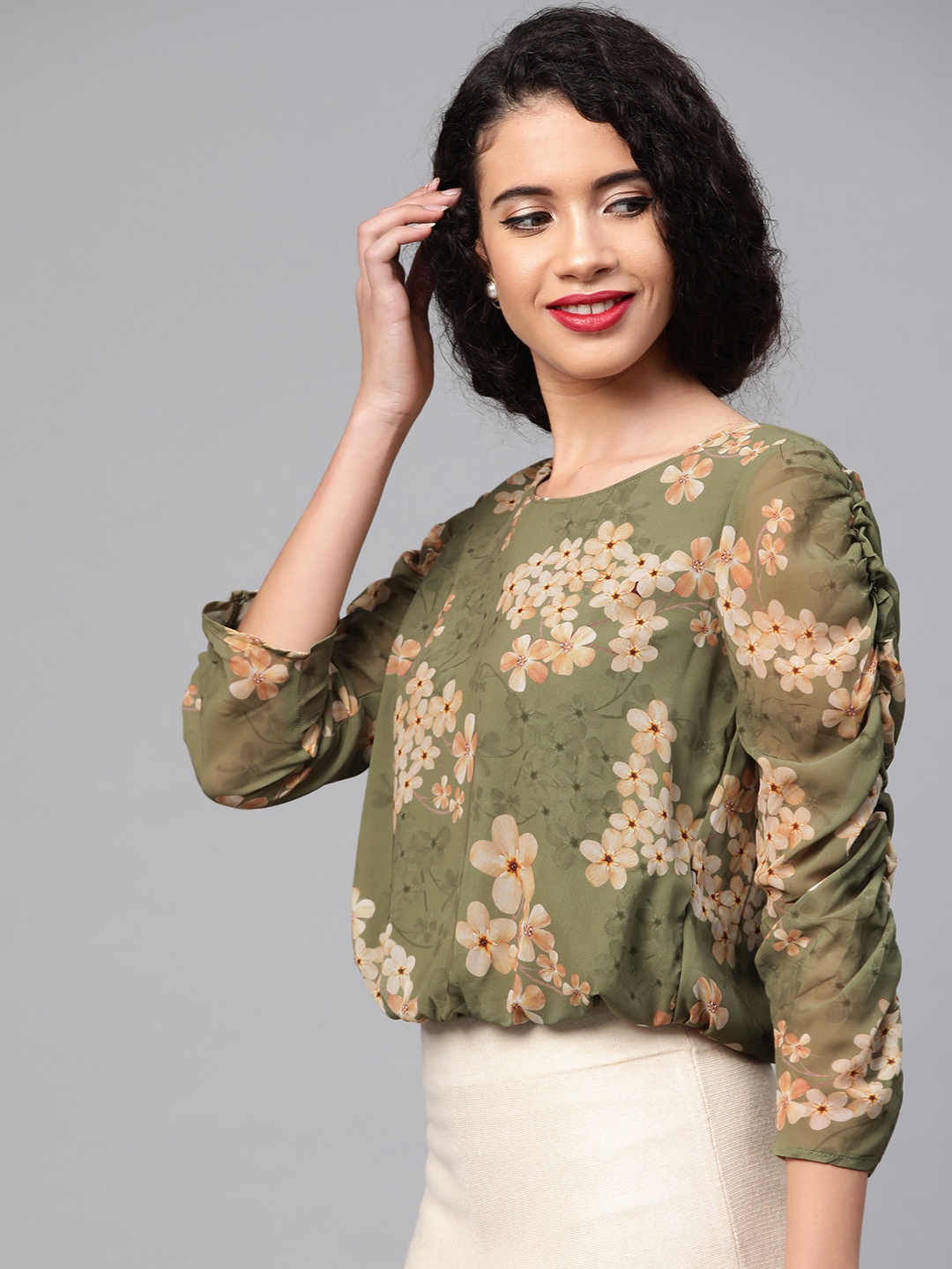 

SASSAFRAS Olive Green & Beige Floral Georgette Blouson Top