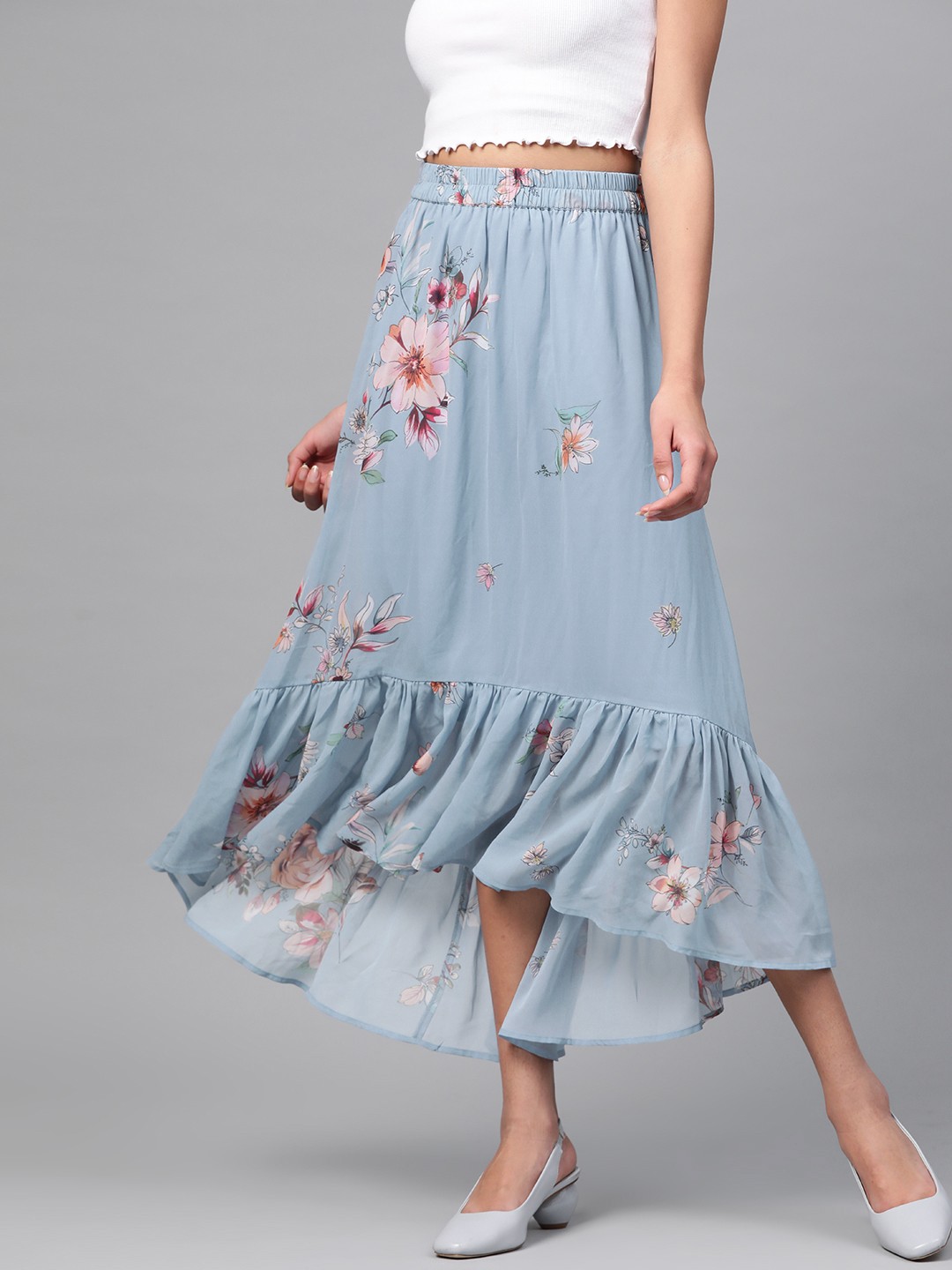 

SASSAFRAS Women Blue & Off White Printed A-Line Skirt