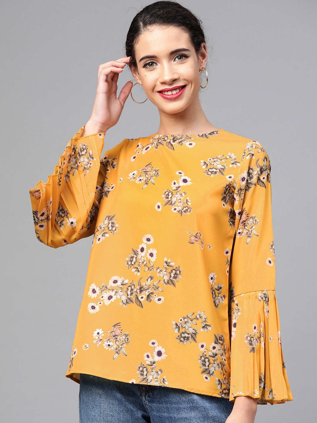 

SASSAFRAS Women Mustard Yellow & Green Floral Print Regular Top