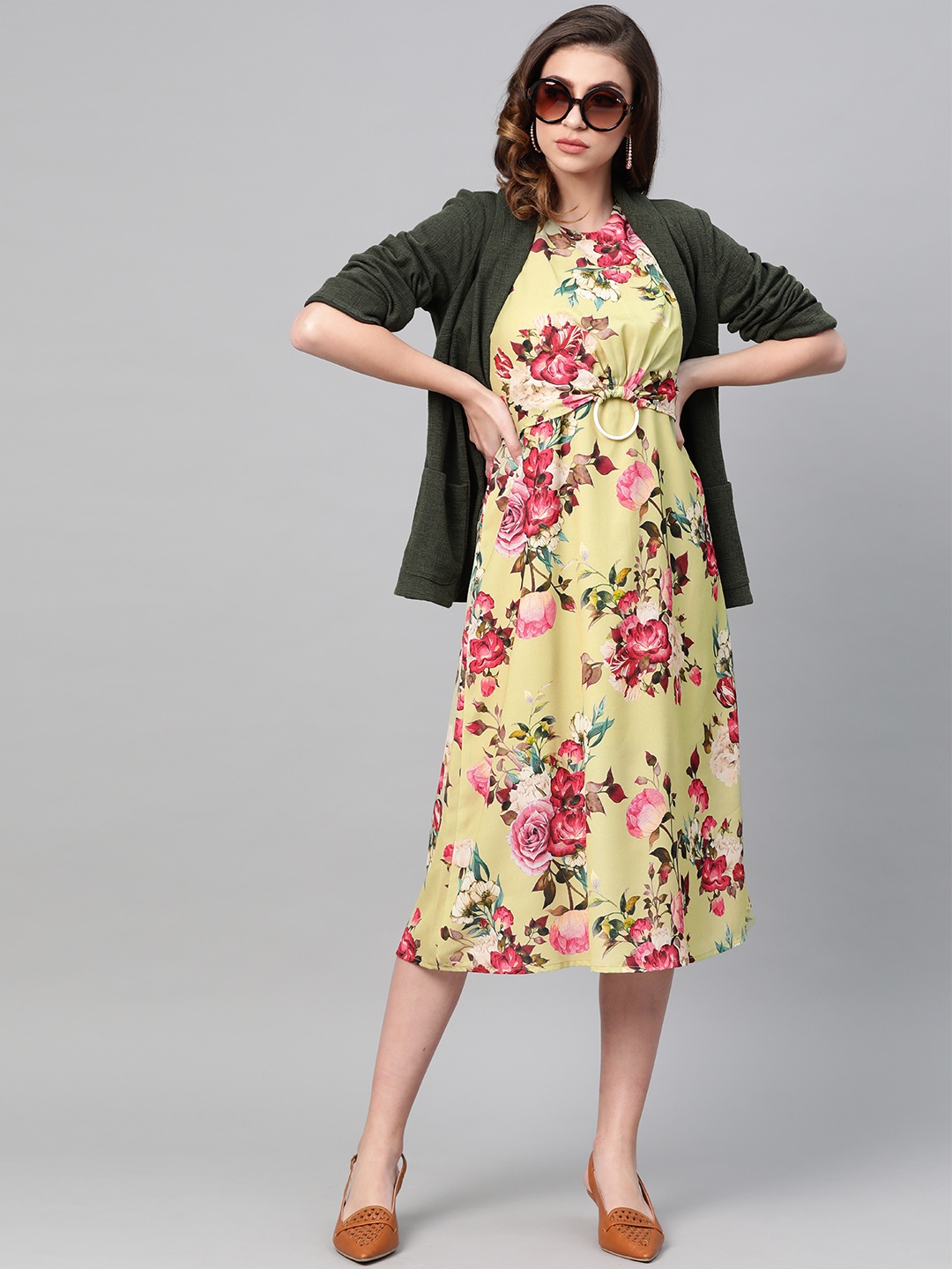 

SASSAFRAS Women Green & Red Printed Empire Dress