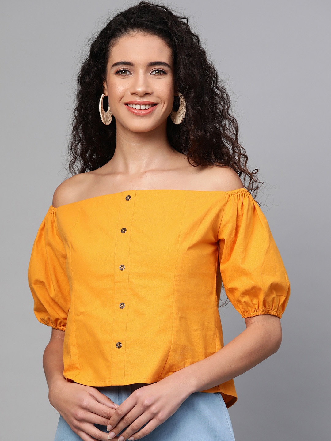 

SASSAFRAS Women Mustard Yellow Solid Bardot Top