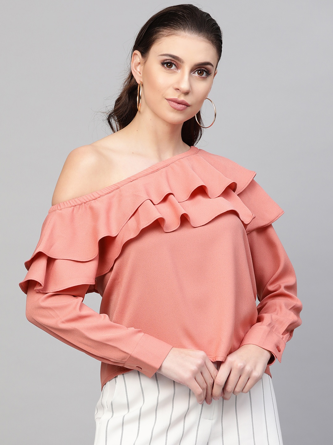 

SASSAFRAS Women Pink Solid One-Shoulder Regular Top