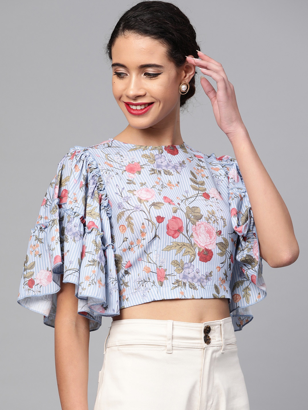 

SASSAFRAS Women Blue & Pink Floral Printed Crop Regular Top