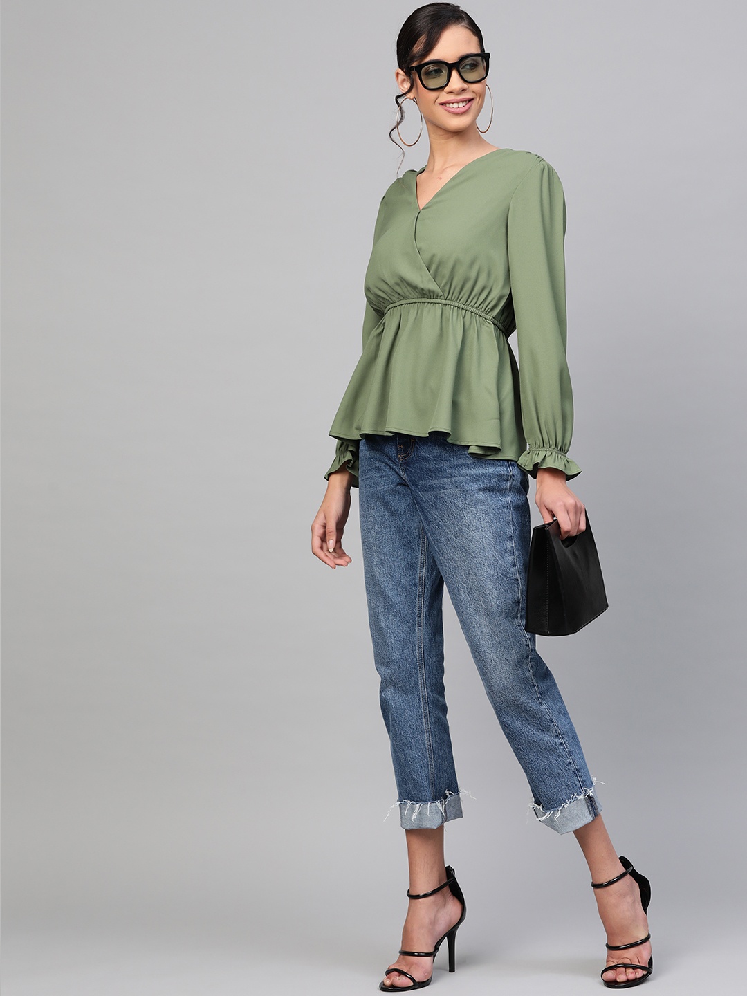 

SASSAFRAS Women Olive Green Solid Wrap Top