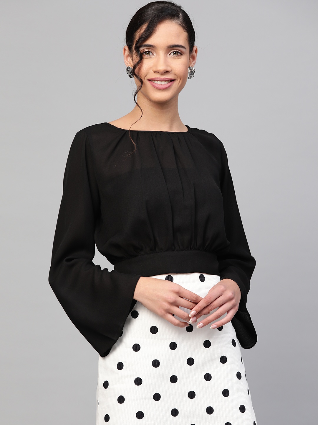 

SASSAFRAS Women Black Solid Semi-Sheer Styled Back Top