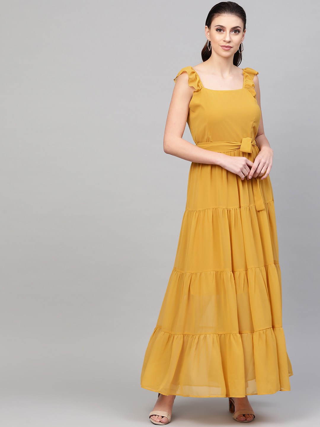 

SASSAFRAS Mustard Yellow Tiered Maxi Dress