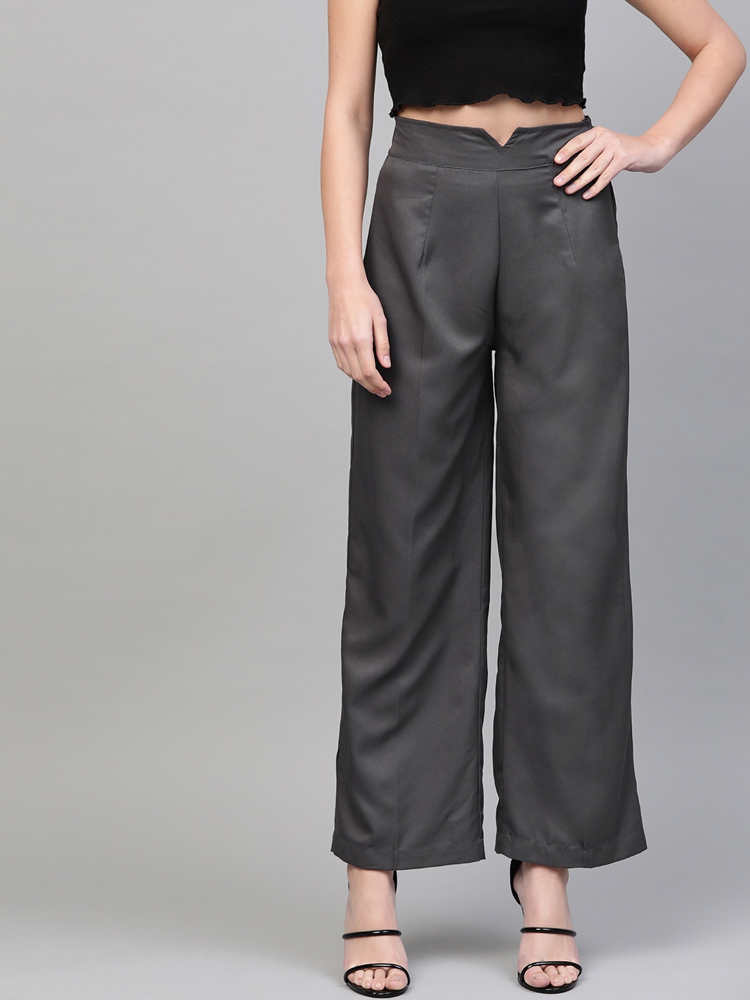 

SASSAFRAS Women Charcoal Grey Solid Parallel Trousers