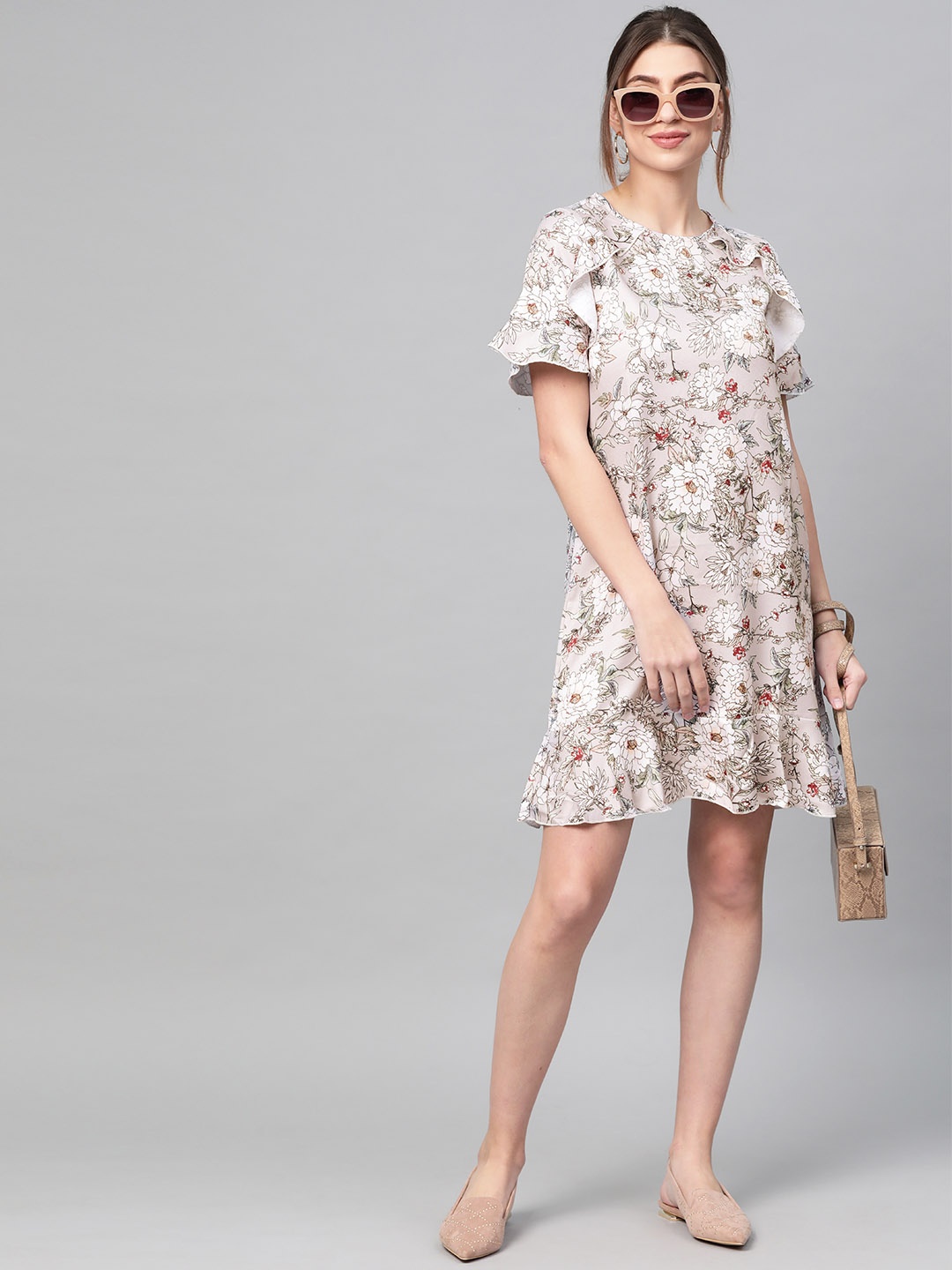 

SASSAFRAS Women Grey & Off-White Printed A-Line Dress
