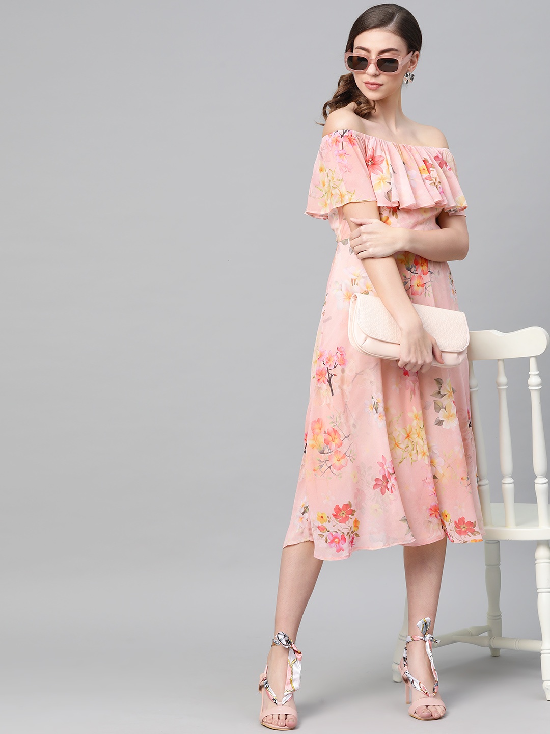 

SASSAFRAS Peach-Coloured Floral Print Off-Shoulder A-Line Dress