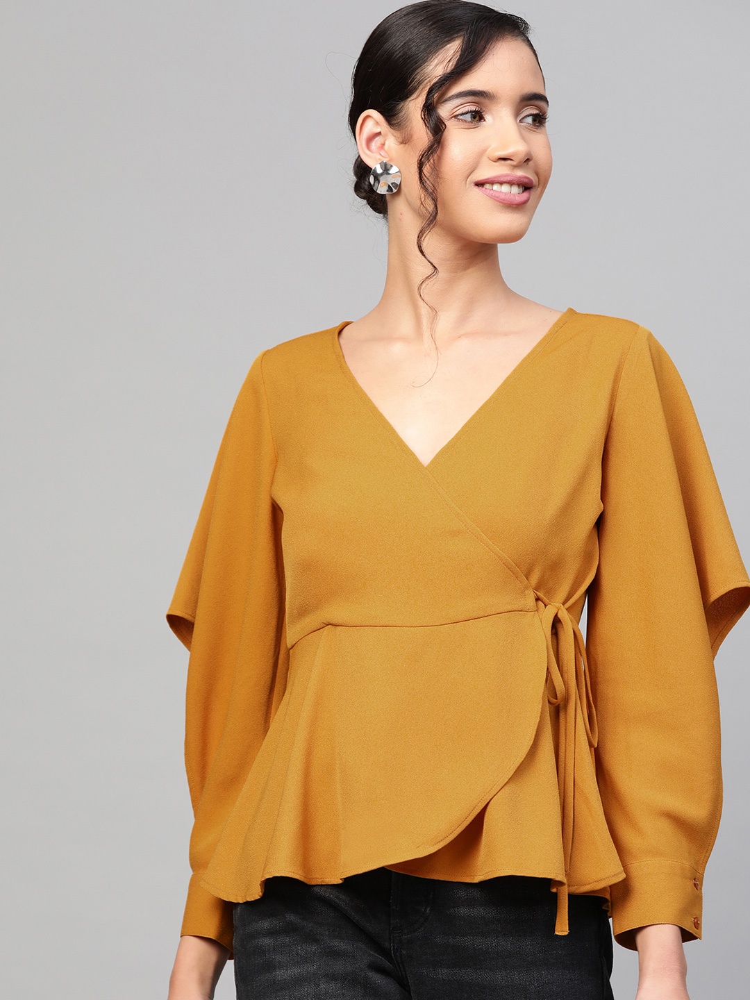 

SASSAFRAS Women Mustard Yellow Solid Wrap Top