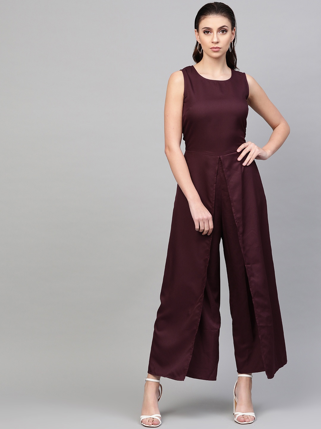 

SASSAFRAS Women Burgundy Solid Layered Basic Jumpsuit