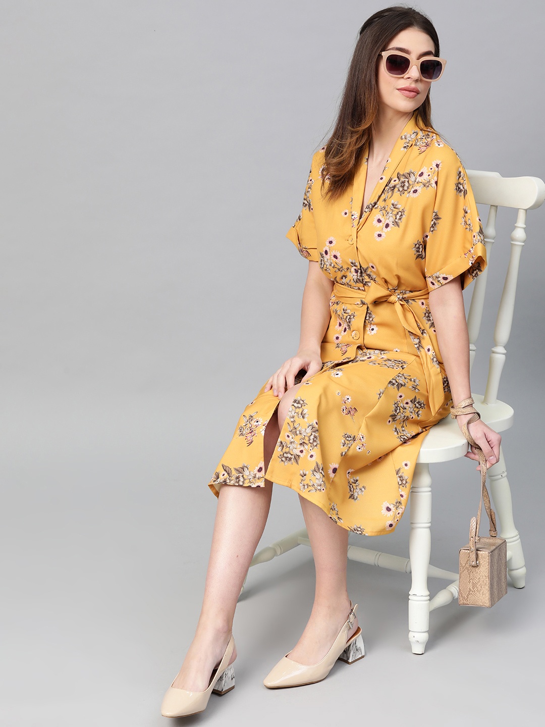 

SASSAFRAS Women Mustard Yellow & Green Printed A-Line Dress
