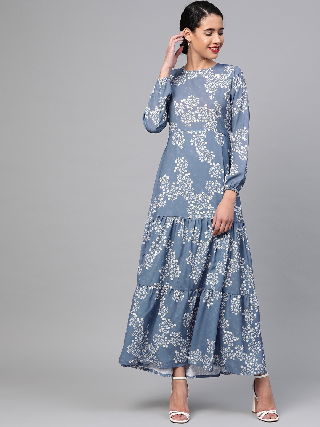 

SASSAFRAS Women Blue & Off-White Printed Tiered Maxi Dress