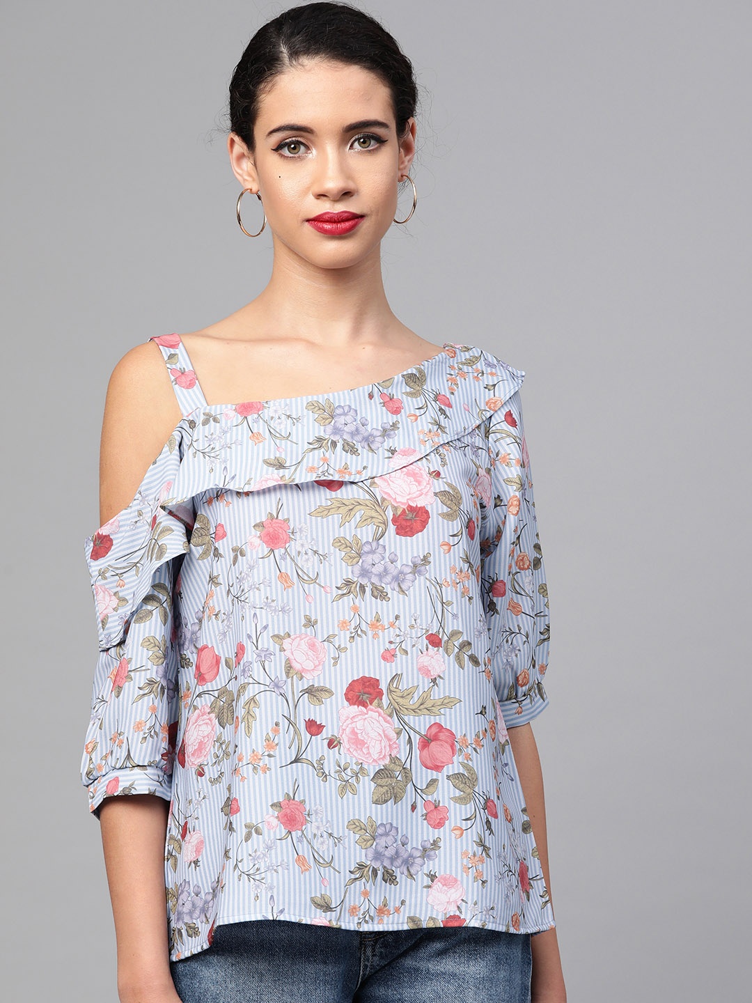 

SASSAFRAS Women Blue & Pink Printed Regular Top