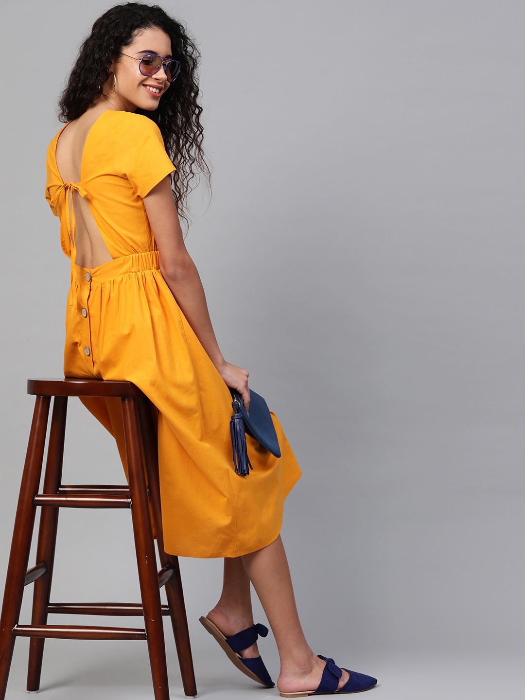 

SASSAFRAS Women Mustard Yellow Solid Styled Back A-Line Dress