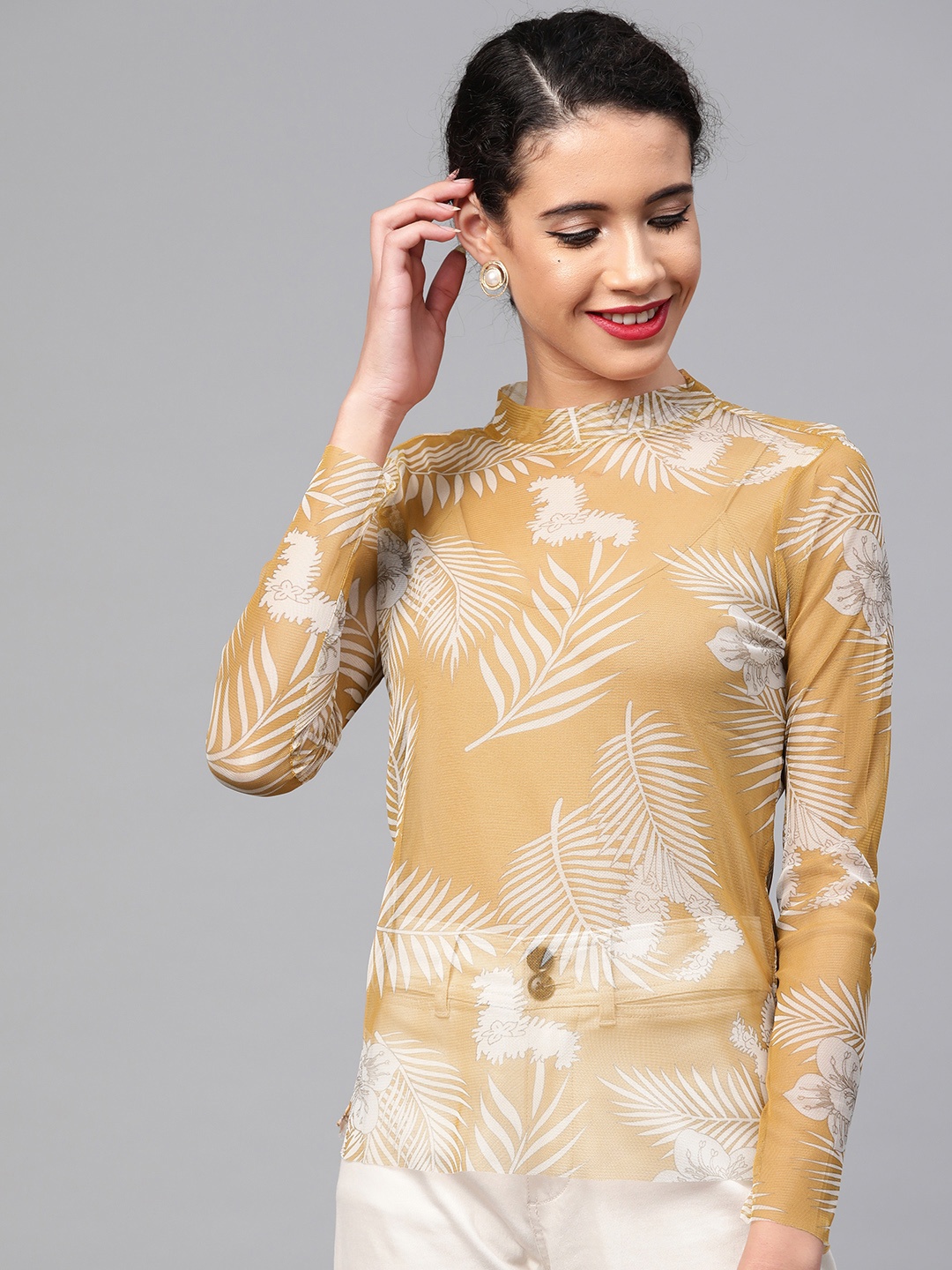 

SASSAFRAS Women Mustard Brown & Off-White Sheer Printed Regular Top