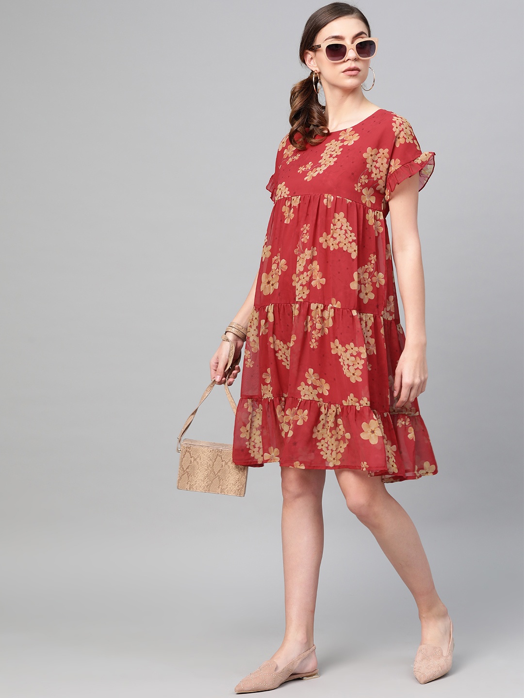 

SASSAFRAS Red & Beige Floral Printed Tiered A-Line Dress