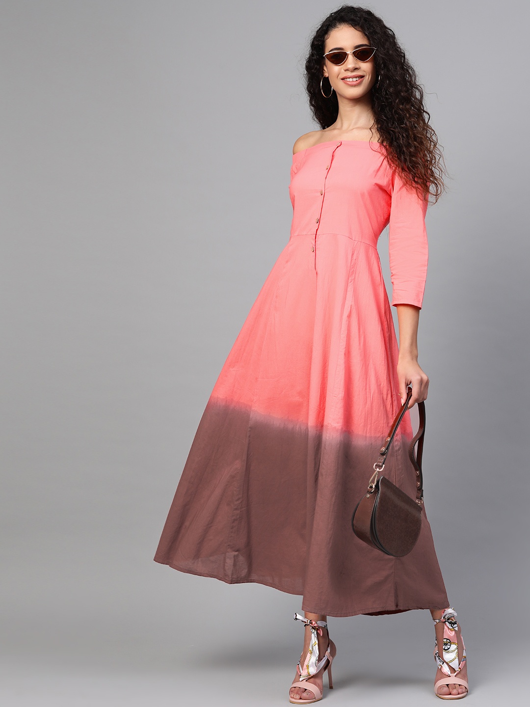 

SASSAFRAS Women Coral Pink & Brown Off-Shoulder Dyed Maxi Dress