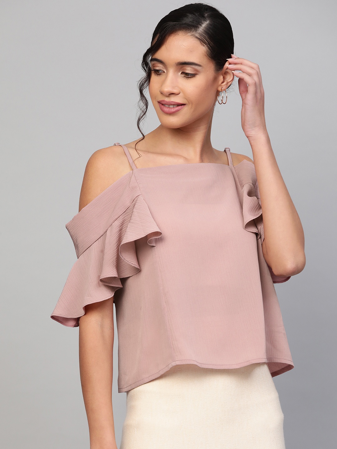 

SASSAFRAS Women Rose Solid Cold-Shoulder Top